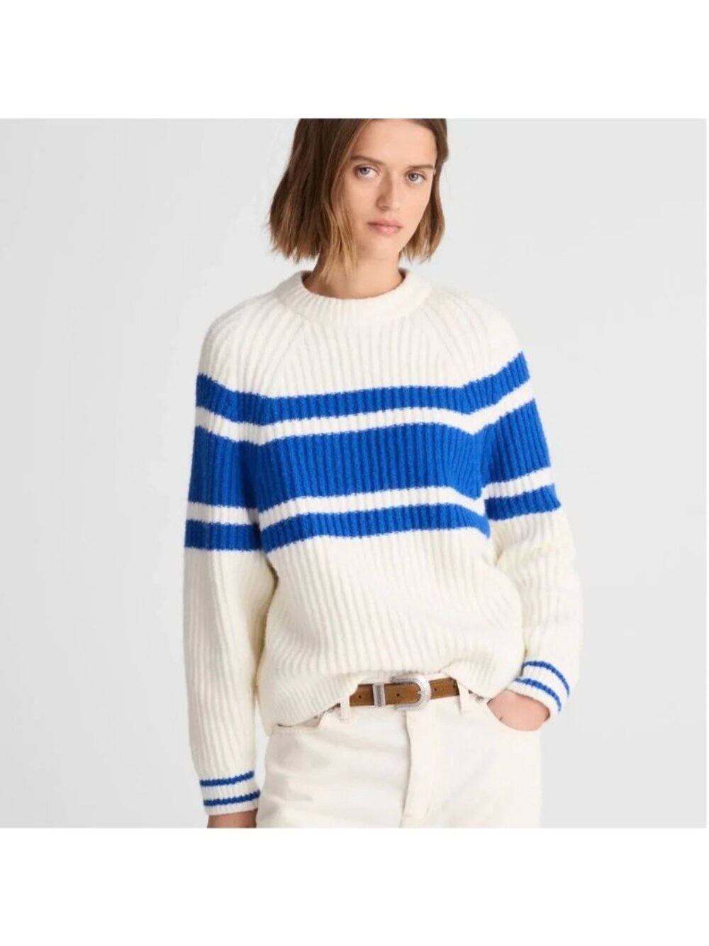 Madewell Womens Striped Wool-Blend Ribbed Sweater XS Blue/White